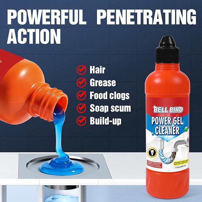 Bell Bird Drain Clog Remover & Pipe Cleaner - Thick Power Gel Dissolves Hair, Grease, and Soap Scum - Septic Safe Odor Eliminator for Kitchen Sinks, Tubs, Showers & Toilets (Pack of 1)