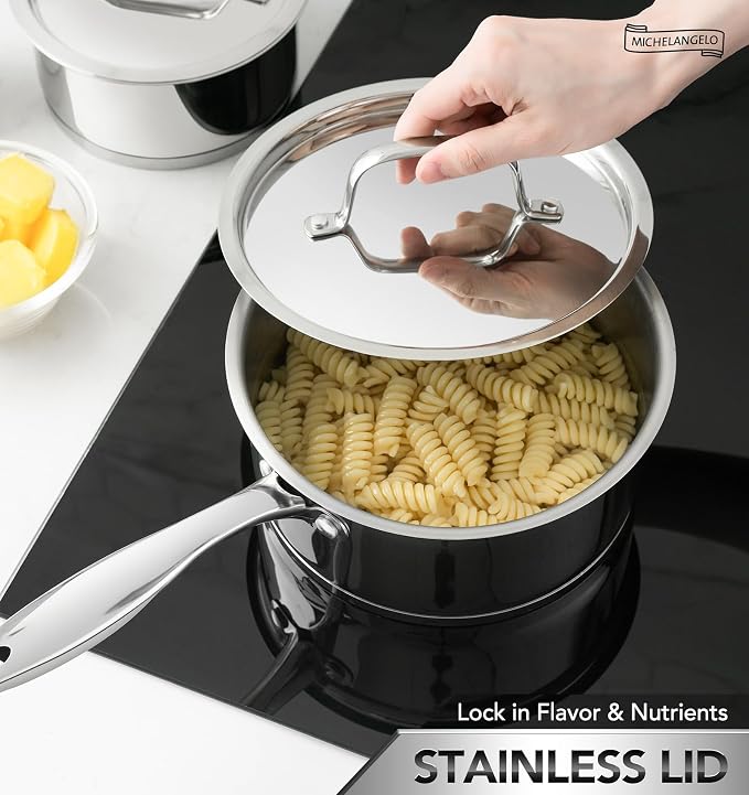 MICHELANGELO Stainless Steel Saucepan Set with Lids, 1QT & 2QT & 3QT Small Sauce Pans, 304 Stainless Steel Sauce Pot Set with Tri-Ply Base, Induction Compatible, Dishwasher Safe, for Milk, Sauce, Soup