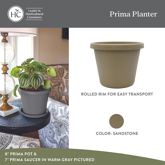 The HC Companies 6 Inch Prima Round Planter Pots with Drainage Holes and Rolled Rim, Lightweight UV-Resistant Plastic Indoor & Outdoor Planters, 4-Pack Flower Pots for Garden & Home Decor, Sandstone