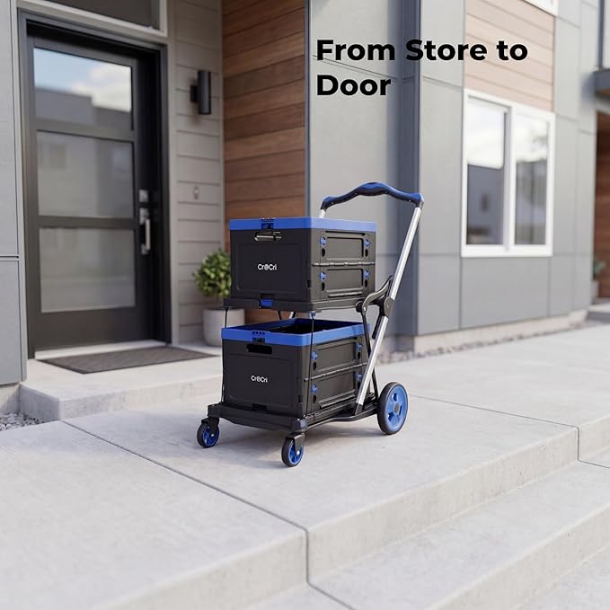 Collapsible Shopping Cart with Wheels, 2-Tier Foldable Grocery Cart with 2 Stackable Storage Crates, Foot Brake, Lower Platform, Aluminum Frame