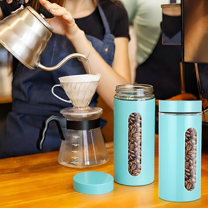 Patelai 6 Pack Kitchen Canisters Set Airtight Stainless Steel Canister Food Storage Container with Window Glass, Coffee Sugar Candy Jars Tea Organizer for Flour Cookies Spice(Turquoise,44 oz)