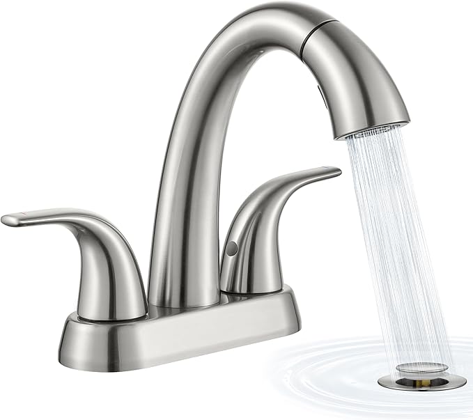 Ultimate Unicorn Pull Down Bathroom Sink Faucet - Anti-Splash Brushed Nickel 4 Inch Centerset Vanity Faucets 3 Hole with Pop Up Drain, Two Handle Modern Washbasin Tap Set with Sprayer for Rv Restroom