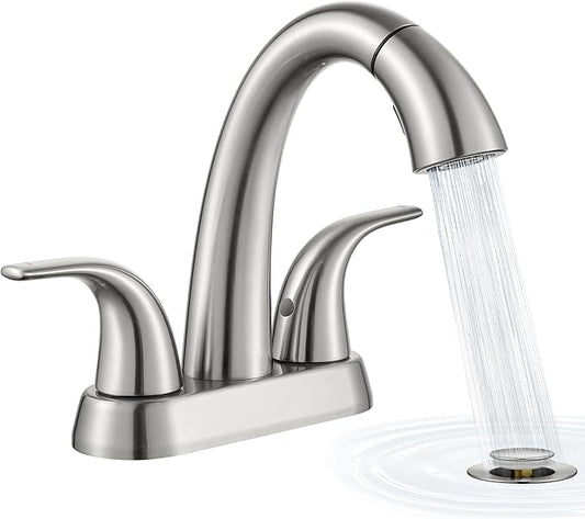 Ultimate Unicorn Pull Down Bathroom Sink Faucet - Anti-Splash Brushed Nickel 4 Inch Centerset Vanity Faucets 3 Hole with Pop Up Drain, Two Handle Modern Washbasin Tap Set with Sprayer for Rv Restroom