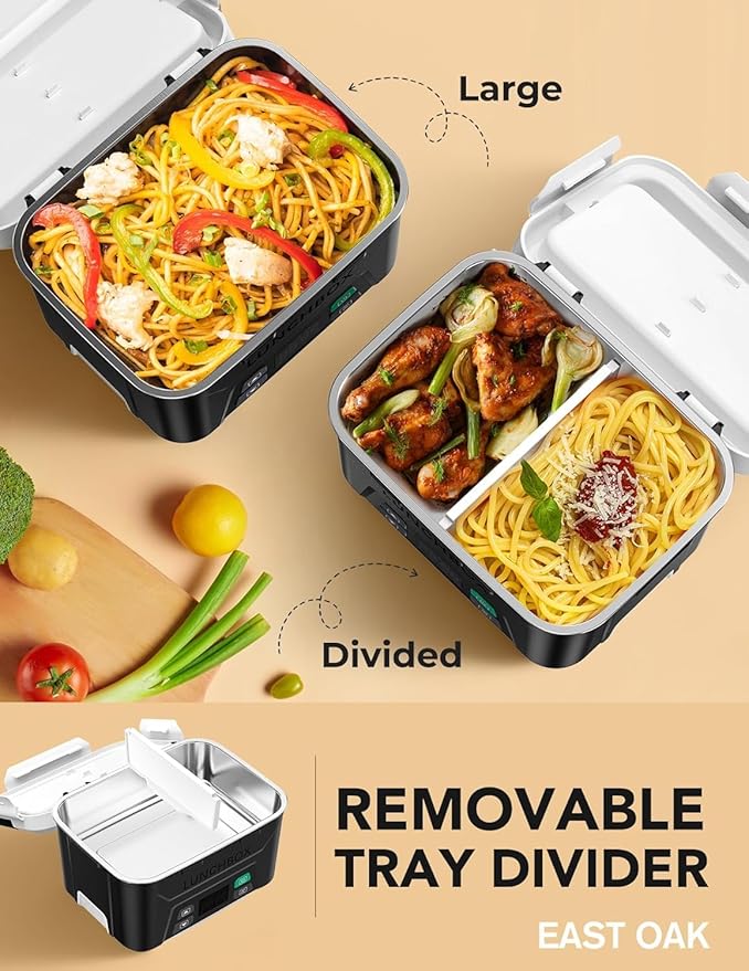 EAST OAK 5.5-Cup Cordless Electric Lunch Box for Adults, Heated Lunch Box for Men with Scheduled Heating, Portable Car Food Warmer with Utensils, One-Tier Bag, Removable Divider