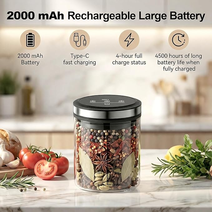 GVODE Vacuum Coffee Canister 1.2L - Airtight Food Storage Container for Coffee Beans, Grounds, Tea & Spices, Home Kitchen Food Storage Organizers with Precise Scale, 4500 Hours of Battery Life