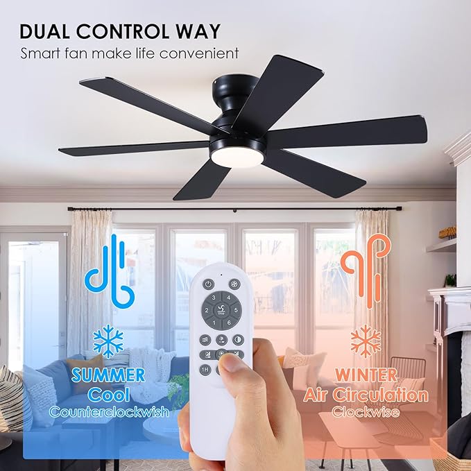 Asyko 46" Low Profile Ceiling Fan with Light and Remote Control,Black Modern Flush Mount Ceiling Fan with Lights for Bedroom, Reversible, Dimmable, Noiseless