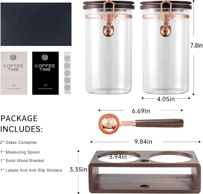 Glass Coffee & Sugar Canister Set, 2×45OZ Airtight Glass Storage Jars with Wooden Shelf and Scoop, Airtight Food Containers for Coffee Beans, Ground Coffee, Sugar and Tea（Rose Gold）