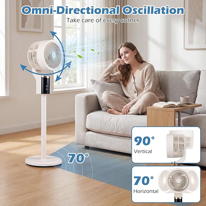 COSTWAY Pedestal Fan for Bedroom, Compact Oscillating Standing Fan with 70° Oscillation, 90° Tilt, 3 Adjustable Heights, 8 Speeds, 12H Timer & Remote, Quiet Table Fan for Home Office (White)