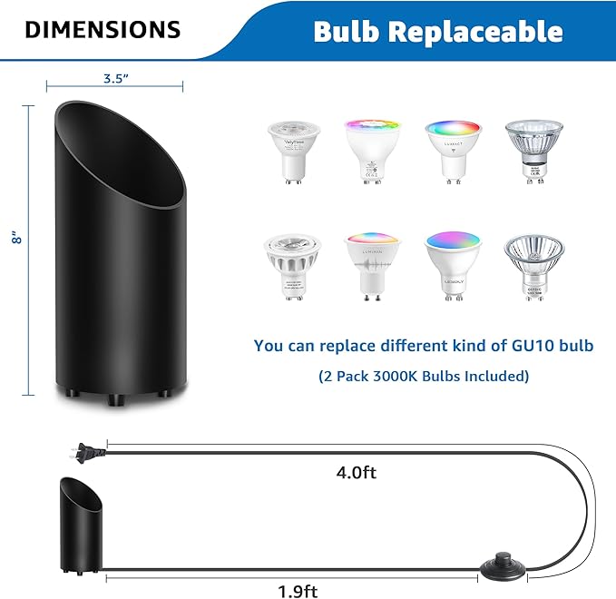 SUNVIE 2 Pack Up Lights Indoor Floor Can Light Uplighting Indoor Spotlight with 2700K GU10 Bulb Accent Lighting Floor Uplighting for Home Plant Picture, UL Listed 5.9 FT Plug Cord & Foot Switch