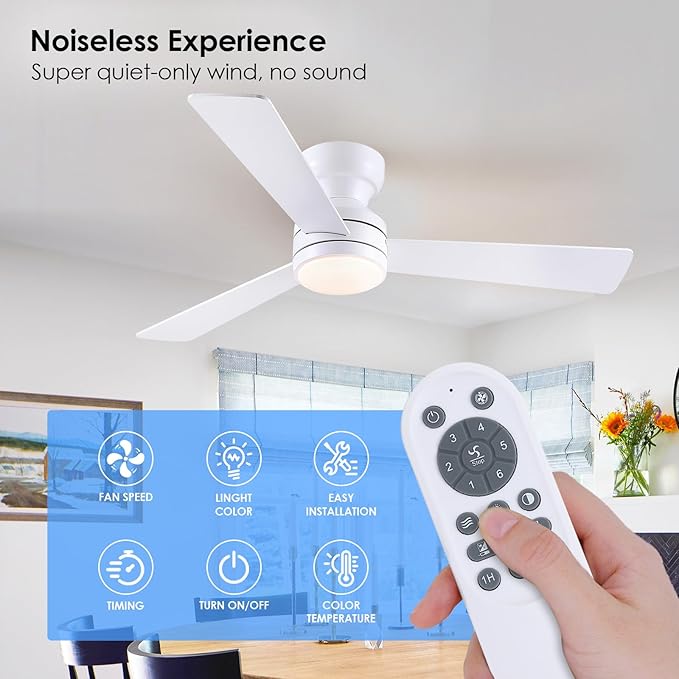 Asyko 46" White Low Profile Ceiling Fan with Light and Remote,Modern Flush Mount Ceiling Fans for Bedroom, Living Room, 6 Speeds, Dimmable, Timer, Quiet Reversible
