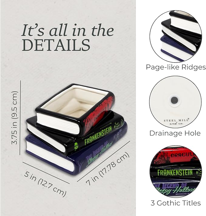 Steel Mill & Co. Ceramic Stacked Books Planter, Gothic Stories | Ceramic Plant Pot with Drainage Hole & Removable Stopper, Literary Decor, Frankenstein, Dracula, & Sleepy Hollow