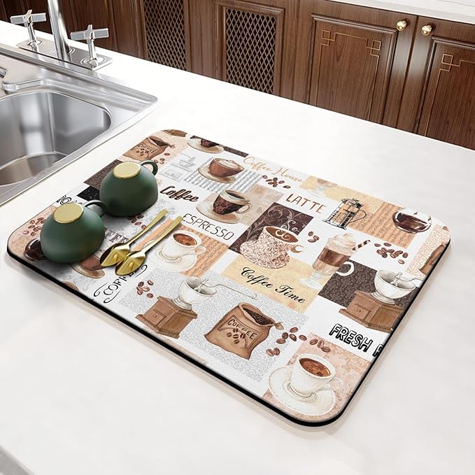 Coffee Mat 23inx15in, Absorbent Hide Stain Anti-Slip Coffee Bar Accessories, Dish Drying Mat for Kitchen