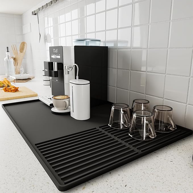 Silicone Coffee Mat with Raised Edges, 20'' X 12'', Bar Mat for Countertops, Accessories Fit Under Coffee Maker Espresso Machine, Dish Drying Mat (BLACK)