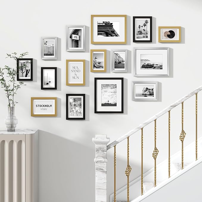 Venusmiles 15 Pack Picture Frames Collage Wall Decor, Gallery Frame Set for Wall Mounting or Tabletop Display, Multi Sizes Including 3pcs 8x10, 6pcs 5x7, 6pcs 4x6, Black+Silver+Gold