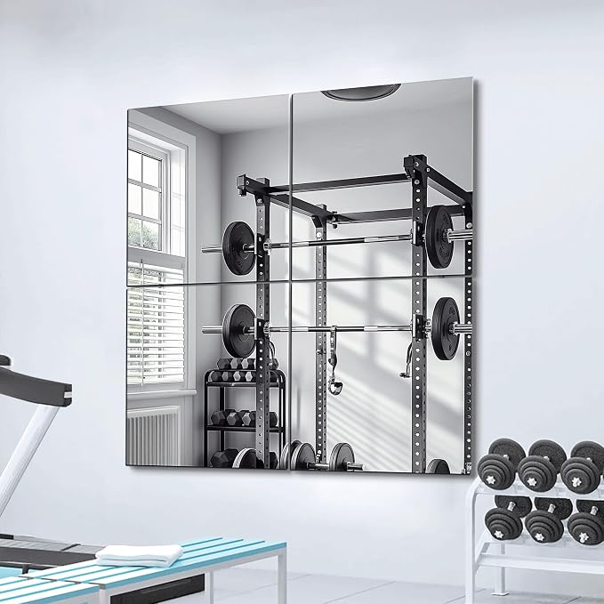 Delma Frameless Mirror Tiles 22"x22"x4 Pcs Wall Mounted | Shatter Resistant, Full Length Tempered Glass Panels, For Home Gym Bathroom Bedroom & Living Room Decor