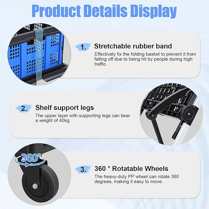 Collapsible Shopping Cart, Heavy Duty Grocery Cart, 2 Tier Foldable Shopping Trolley with 360° Wheels, Rolling Utility Cart with Retractable Bands, Portable Folding Cart for Groceries Laundry (Blue)