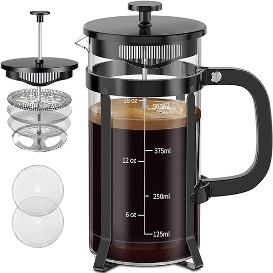 QUQIYSO French Press Coffee Maker 304 Stainless Steel French Press with 4 Filter, Heat Resistant Durable, Easy to Clean, Borosilicate Glass Coffee Press, 100% BPA Free Glass Teapot, 21 ounce, Black