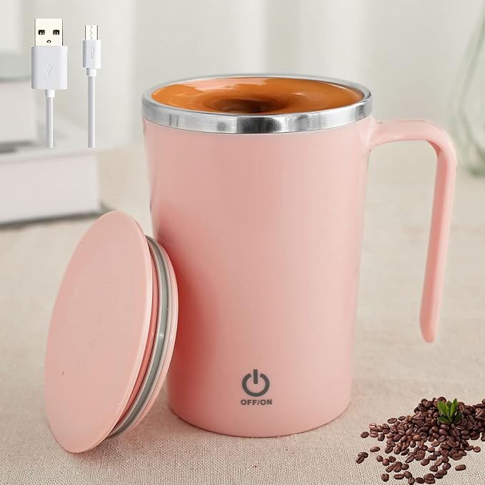 Electric Self Stirring Mug 1200mAh Rechargeable Automatic Mixing Mug Stainless Steel Magnetic Stirring Cup Reusable Self Mixing Coffee Cup Portable Auto Stirring Mug for Home Office Coffee Milk(Pink)