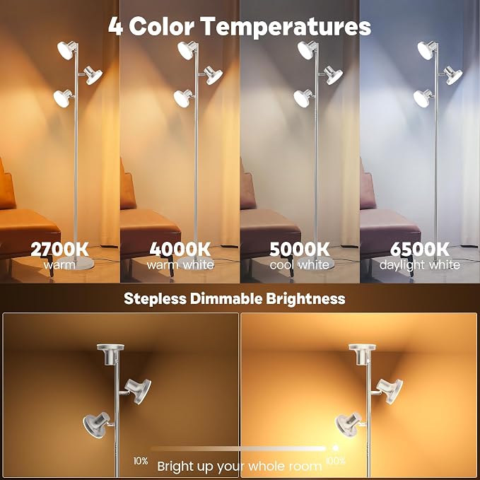 SIBRILLE 36W LED Tree Floor Lamp, Modern Dimmable Standing Lamp with Remote & Touch Control, 4 Color Temperatures, 3 Rotatable LED Light Floor Lamps for Living Room, Bedroom, Office