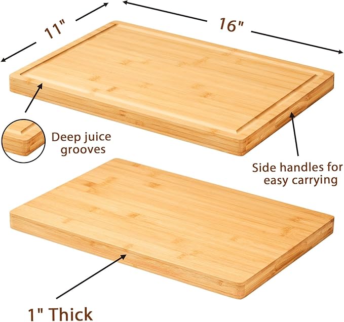 Allsum Bamboo Wood Cutting Boards for Kitchen, 1" Extra Thick Butcher Block with Juice Grooves & Handles Resisting to Warping and Cracking, Fancy Charcuterie Boards, 16"L x 11"W