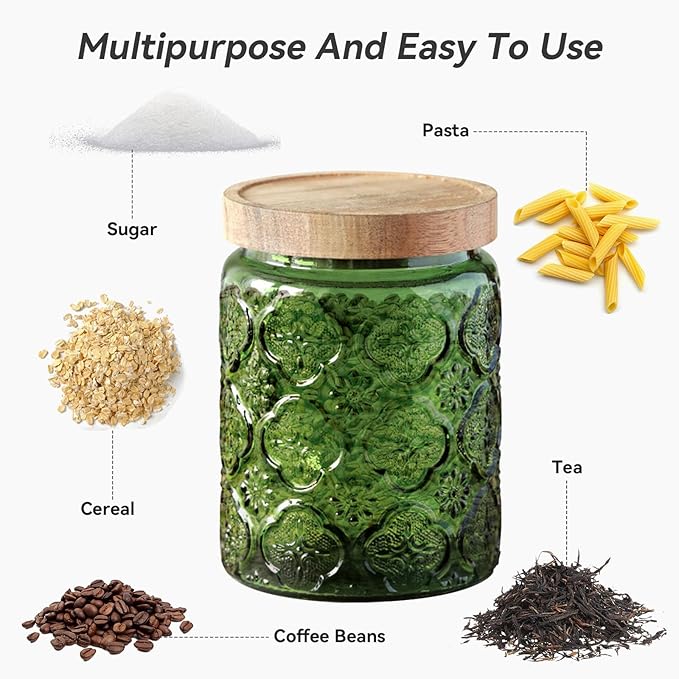 Glass Jar with Lid, Vintage Glass Storage Jars with Airtight Lid Coffee Canister Sugar Container for Kitchen Counter Pantry, Spice, Candy, Coffee Beans, Tea, Cookie (24 FL OZ Green Begonia)