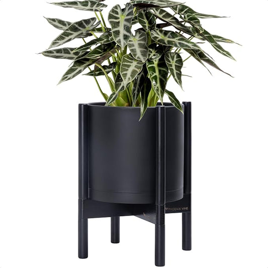 D'vine Dev Plastic Pot with Ebony Wood Stand, Black, 10 in, 55-C-N-2 | Mid-Century Inspired Design, Elevated Plant Display, Clean Lines, Sturdy Support, Modern Space-Saving Style