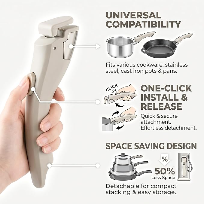 2PCS Removable Pot Handle, Detachable Handle for Pots and Pans, Universal Cookware Handle Replacement, Heat-Resistant Non-Slip Grip, 7.5" Kitchen Pan Handle (Warm Gray)