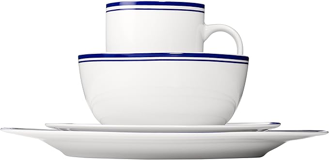Amazon Basics 16-Piece Cafe Stripe Dinnerware Set, Microwave and Dishwasher Safe, Plates, Bowls, Mugs, Service for 4, Blue