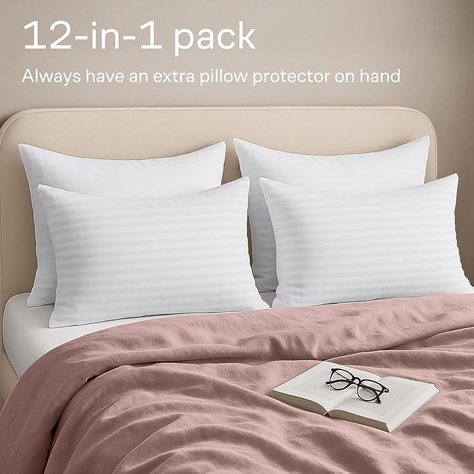 Ultra Soft Pillow Protectors with Zipper Standard Size - Set of 12 Breathable Pillow Covers - 100% Protection Against Stains, Dust & Dirt - Machine Washable (Dark White)