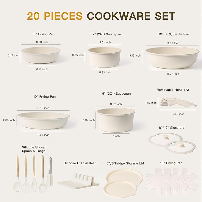 Astercook 20 Piece Pots and Pans Set Non Stick, Cookware Set with Detachable Handle, Oven Safe, Induction Ready, Stackable RV Kitchen Cooking Set Removable Handles, Cream White
