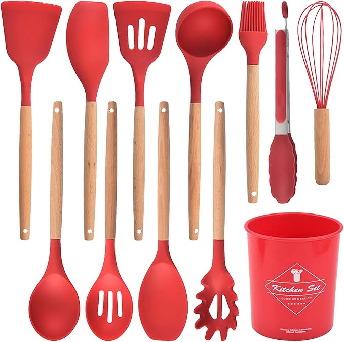 Silicone Kitchen Utensils Set, 12-piece Cooking Utensils Set Non-stick Cookware Is Heat-resistant, BPA-Free, Cooking Tools, Stirring Kitchen Tool Set (Red Kitchen Utensils)
