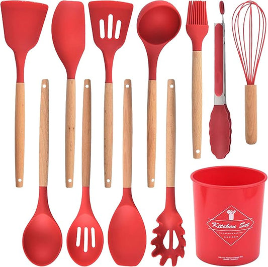 Silicone Kitchen Utensils Set, 12-piece Cooking Utensils Set Non-stick Cookware Is Heat-resistant, BPA-Free, Cooking Tools, Stirring Kitchen Tool Set (Red Kitchen Utensils)