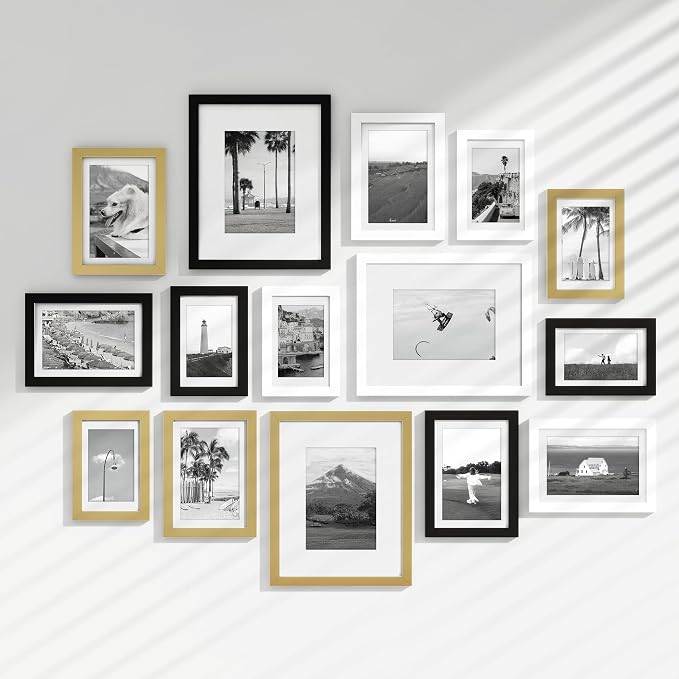 Venusmiles 15 Pack Picture Frames Collage Wall Decor, Gallery Frame Set for Wall Mounting or Tabletop Display, Multi Sizes Including 3pcs 8x10, 6pcs 5x7, 6pcs 4x6, Black+White+Gold
