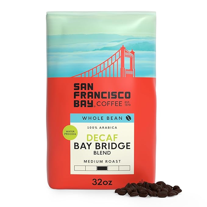 San Francisco Bay Decaf Whole Bean Coffee, Decaf Bay Bridge Blend (32 oz Bag), Medium Roast Coffee Beans, Swiss Water Process