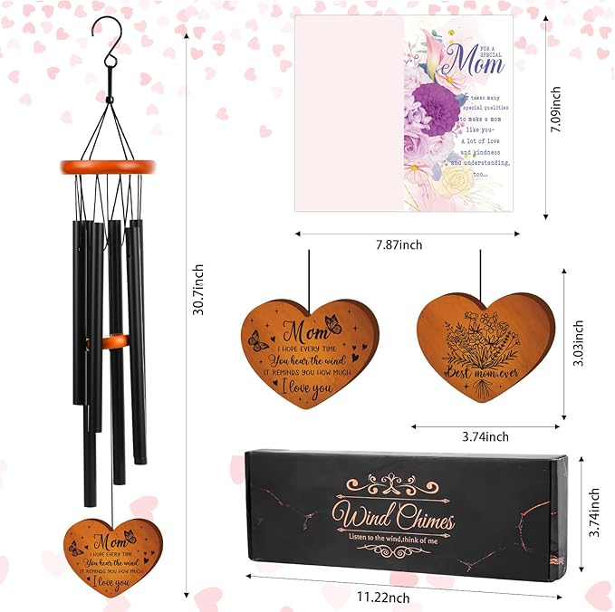 Mom Gifts Wind Chimes for Outside – Wind Chimes with Engraved Wooden Pendant for Mother, Mothers Day Birthday for Mom from Daughter Son, Garden Patio Hanging Keepsake Decor