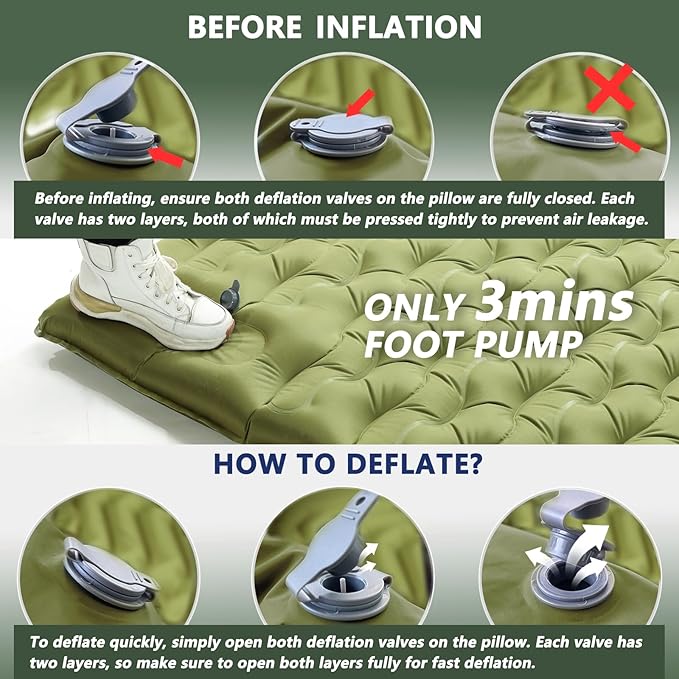 Double Sleeping Pad for Camping - 5" Ultra-Thick Camping Mattress with Pillow, Built-in Foot Pump, Compact 2-Person Portable Camping Mat for Backpacking, Hiking, Car Traveling, Beach, Tent