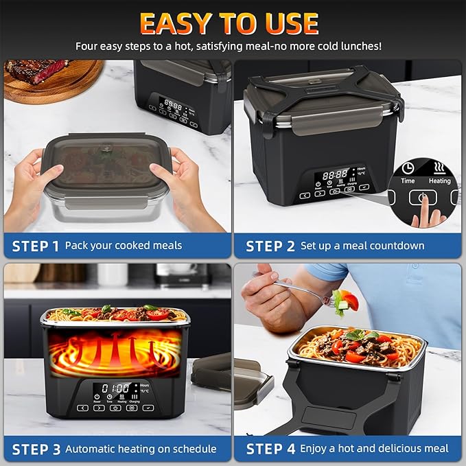 Cordless Electric Lunch Box, 1.2L Self Heating Lunch Box Battery Powered with Automatic Heating, BPA Free, Meal Prep Friendly, Portable Food Warmer for Work, Construction, Truck & Travel (Black)