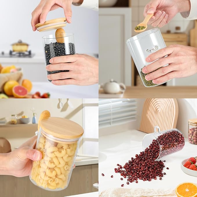 4 Pack Glass Containers Jars with Bamboo Lid and Spoon, 15OZ Airtight Glass Jars, Food Storage Jar Set Kitchen Glass Canisters for Coffee Beans, Tea, Flour, Nuts, Candy, Dry Goods, Cookie and More