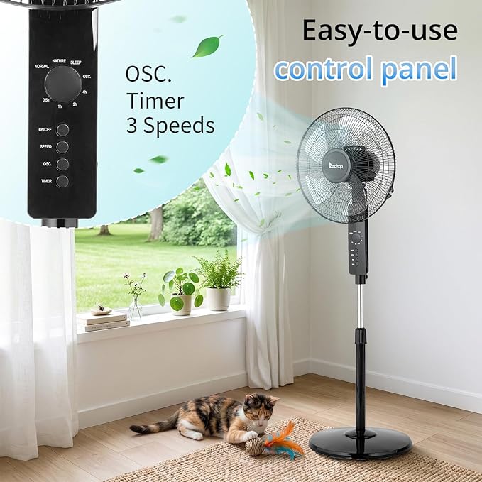 Winado 16 inch Oscillating Pedestal Fan with Remote Control, 3-Speed Stand Fan, High Velocity, Adjustable Height & Tilt, 7.5H Timer, Quiet Standing Fan for Bedroom, Living Room, Office, Black