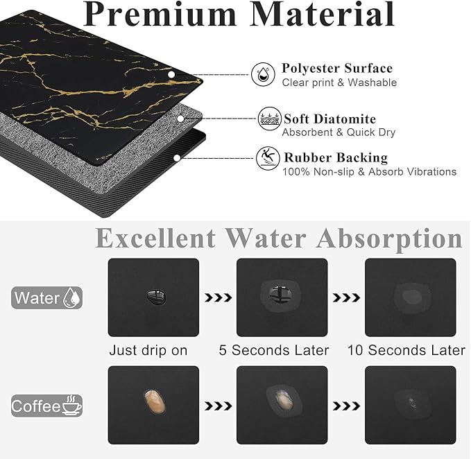 SHACOS Coffee Mat 2 Pack 12x19 Inch Absorbent Non Slip Rubber Bar Accessories Coffee Maker Mat for Countertop Dish Drying Mat Heat Resistant, Golden Marble