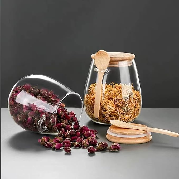 Airtight glass jar storage container with bamboo lid Set of 2, wide mouth, leak-proof, With a spoon, can be used for coffee beans, tea leaves, grains, dried fruits, etc (Small)