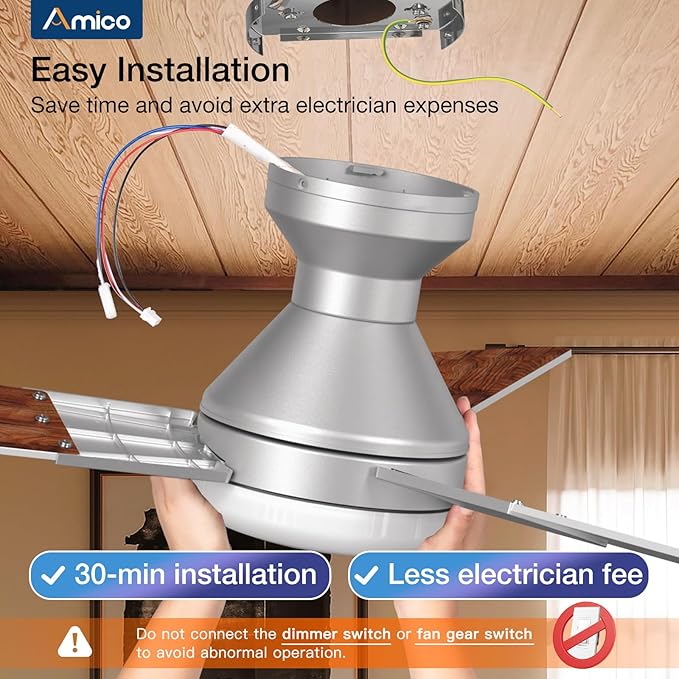Amico Ceiling Fans with Lights, 52 inch Low Profile Ceiling Fan with Light and Remote Control, Flush Mount, Reversible, 3CCT, Dimmable, Noiseless, Silver Ceiling Fan for Bedroom, Indoor/Outdoor Use