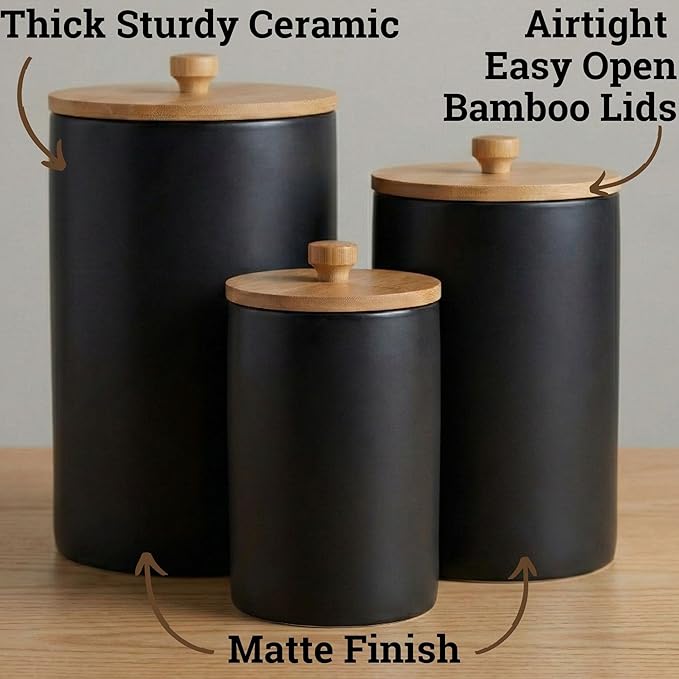 Ceramic Kitchen Canisters for Countertop Set of 3 with Airtight Bamboo Lids - Black Kitchen Canisters with Airtight Lids - Flour Sugar Canister Set - Flour and Sugar Containers Farmhouse - Coffee Jar