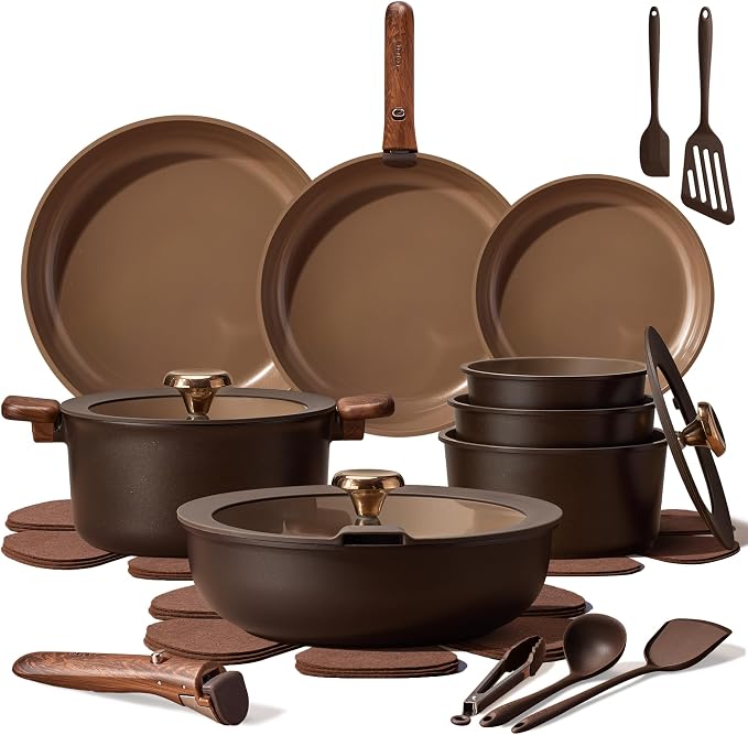 CAROTE 25pcs Ceramic Cookware Set, Pots and Pans Set with Detachable Handle | Non-Stick, Non-Toxic, PFAS and PFOA Free, Induction Compatible, Dishwasher & Oven Safe, Space Saving, Camping Cooking, Brown