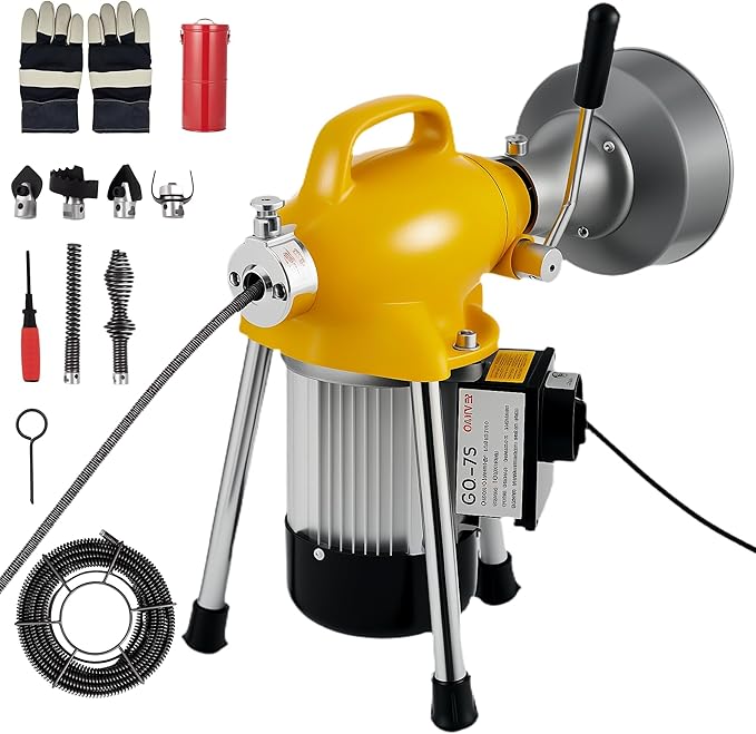 GarveeLife Electric Sewer Snake Drain Auger, Drain Cleaner Machine with 66FT x 5/8" & 16FT x 3/8" Steel Cables, 7 Cutters, 500w Power Auto Feed Pipe Snake for 3/4" to 4" Pipes for Sink Toilet Drainage