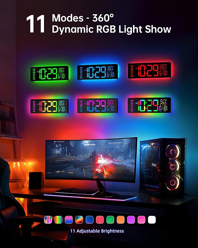 EASYERA 12" Digital Wall Clock for Classroom Livingroom Game Home Decor | LED Display RGB Lights, BIuetooth Sync, Dual Alarms, Auto DST, Countdown, Remote Control, Temperature
