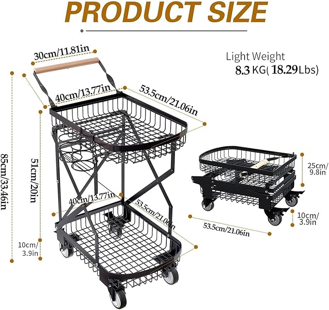LeleCAT 2-Tier Storage Cart with Wheels, Heavy Duty Folding Rolling Cart,110lbs Capacity Easy Assembly Grocery Cart for Kitchen & Shopping - Collapsible Space-Saving Utility Cart Effortless Carry