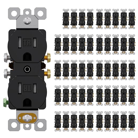 AIDA 50 Pack 15 Amp Outlet Duplex Electrical Receptacle Outlets,Power Outlet,Tamper Resistant,Heavy-Duty Receptacle, 2 Pole,3-Wire, Self-Grounding Clip, NEMA 5-15R,UL Listed,Black