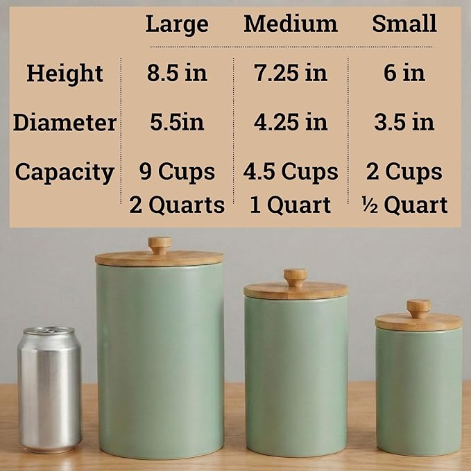 Ceramic Kitchen Canisters for Countertop Set of 3 with Airtight Bamboo Lids - Sage Kitchen Canisters with Airtight Lids - Flour Sugar Canister Set - Flour and Sugar Containers Farmhouse - Coffee Jar