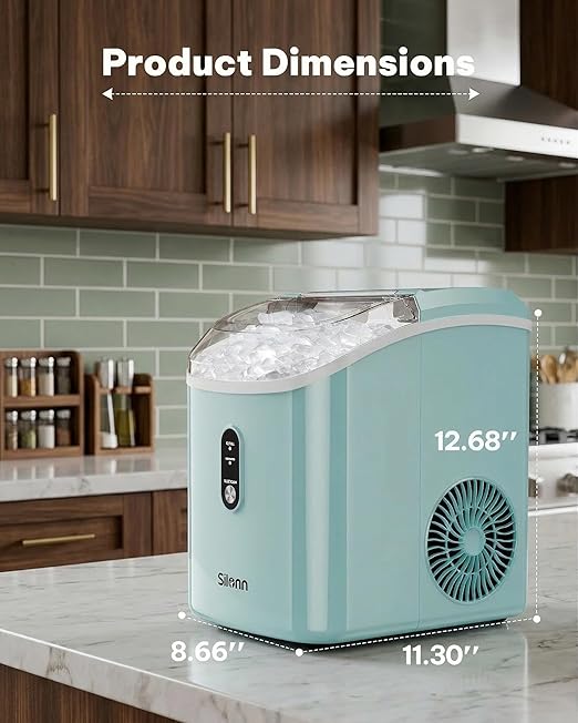 Silonn Nugget Ice Maker Countertop, Chewable Pellet Ice Machine with Self-Cleaning, Portable Pebble Ice Maker with Ice Scoop for Home, Kitchen & Office, Green